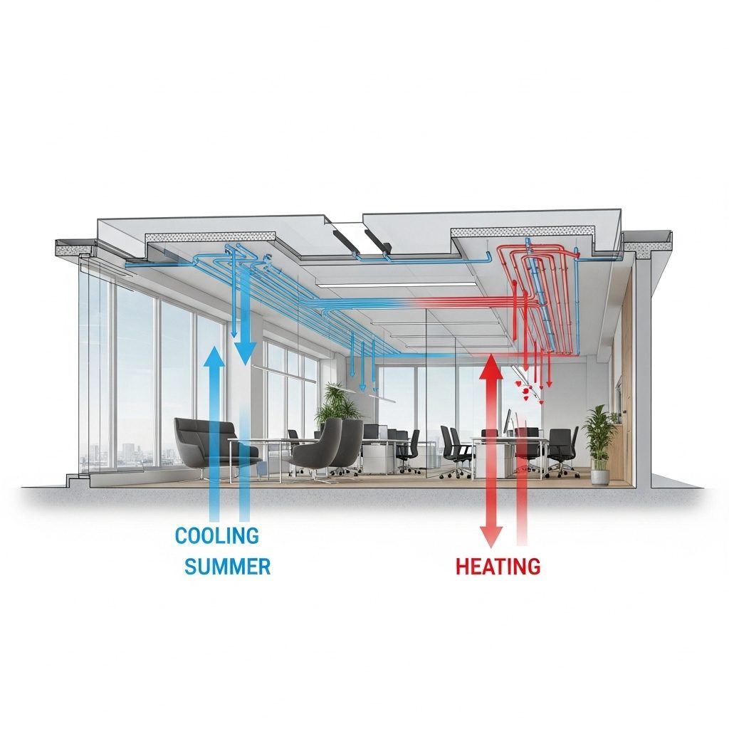 Schéma du plafond climatique : rafraîchissement en été, chauffage en hiver