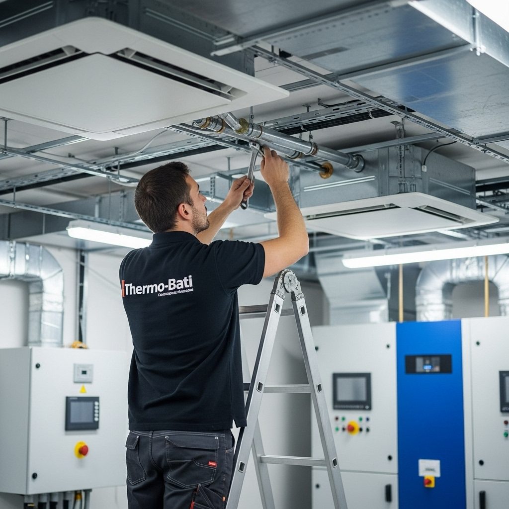 Technicien installant les rails d'un plafond climatique sur une structure suspendue