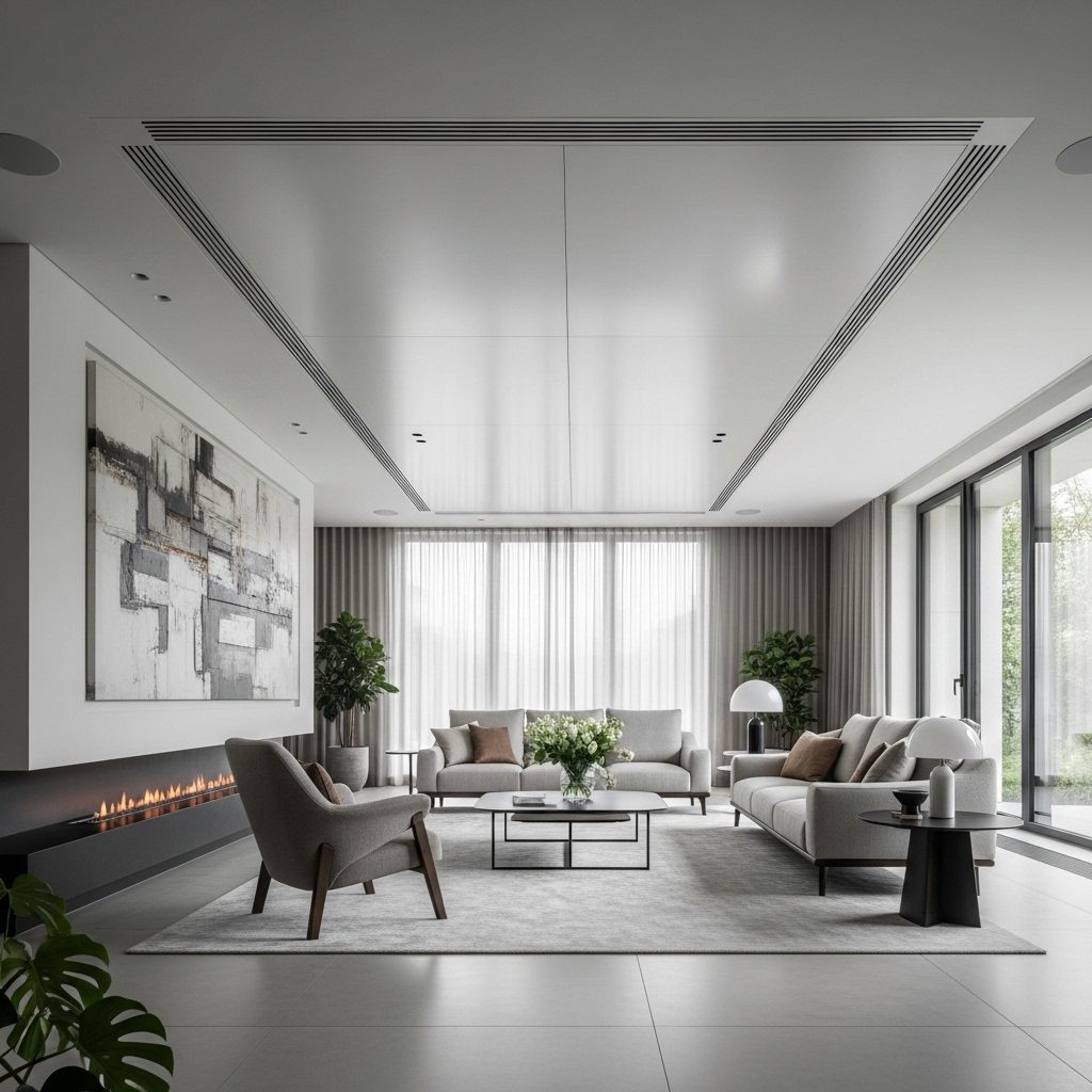 Séjour contemporain équipé d'un plafond climatique intégré au faux plafond